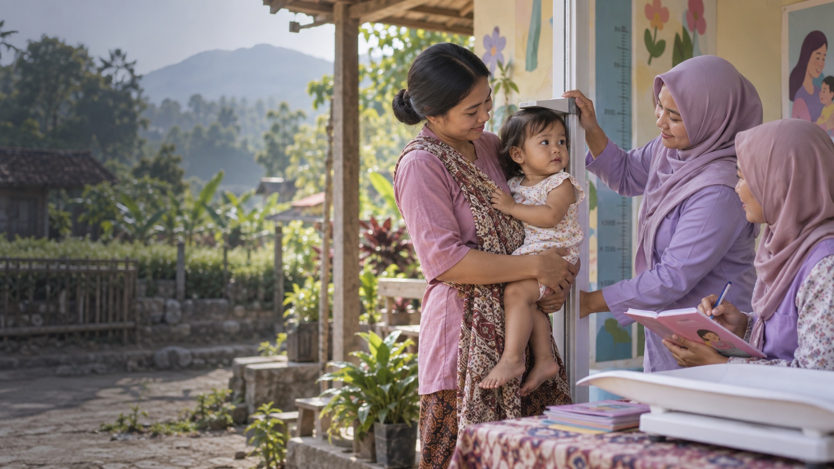 Ibu dan anak mengikuti pemantauan tumbuh kembang di Posyandu desa