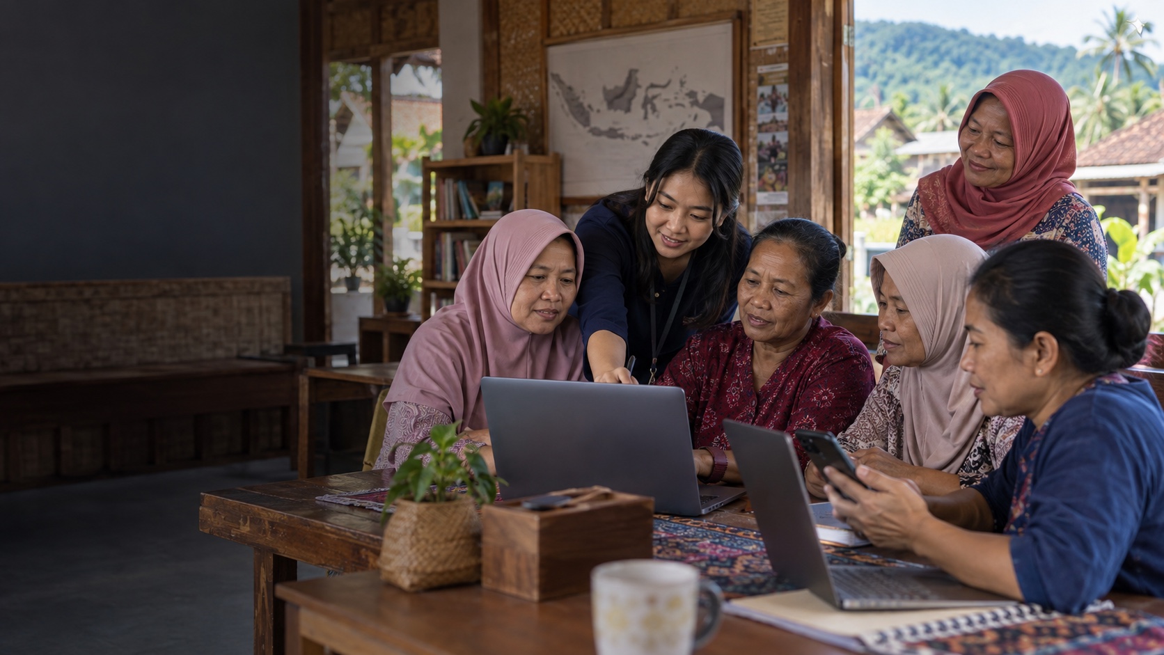 Perempuan desa belajar menggunakan laptop dan telepon pintar bersama fasilitator